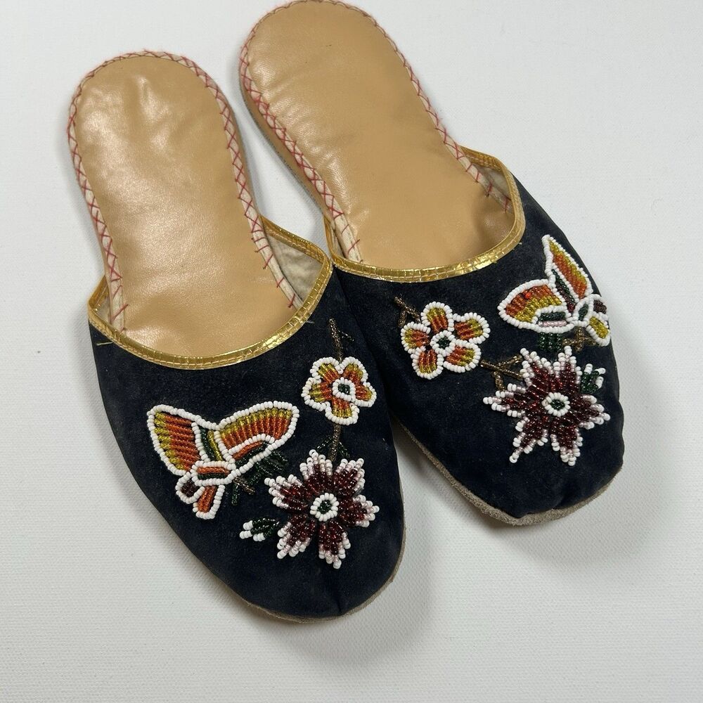 Vintage Black Velvet slippers glass beads flowers Butterfly leather sole sz 9.5